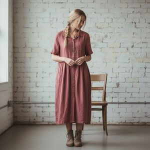 VTG Match Linen Pairie Button-front Maxi dress relaxed Fit in Berry Cottagecore